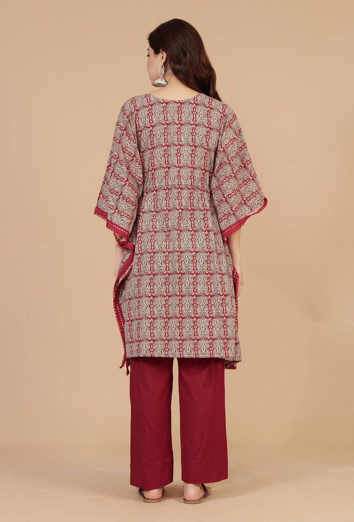 Beige & Red Baagh Block Print Cotton Kaftan Kurta サイズ XXXL