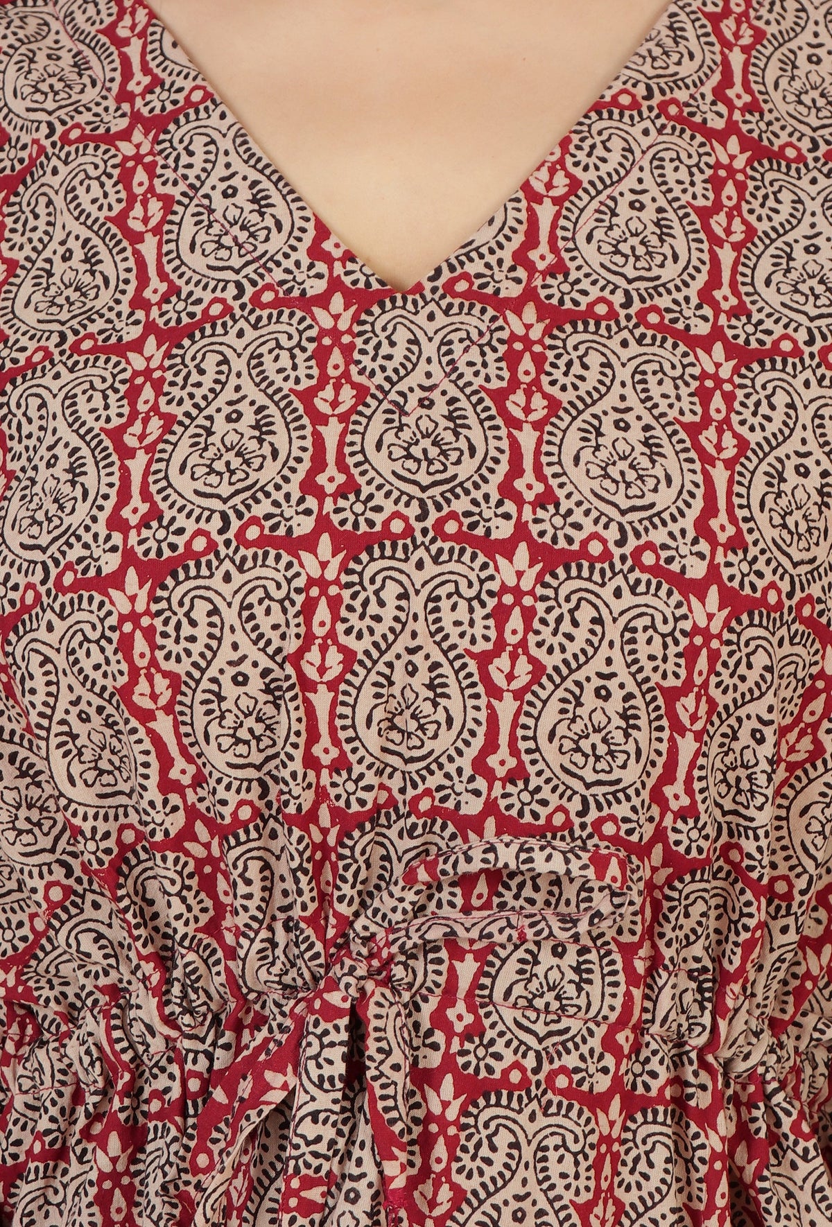 Beige & Red Baagh Block Print Cotton Kaftan Kurta サイズ XL