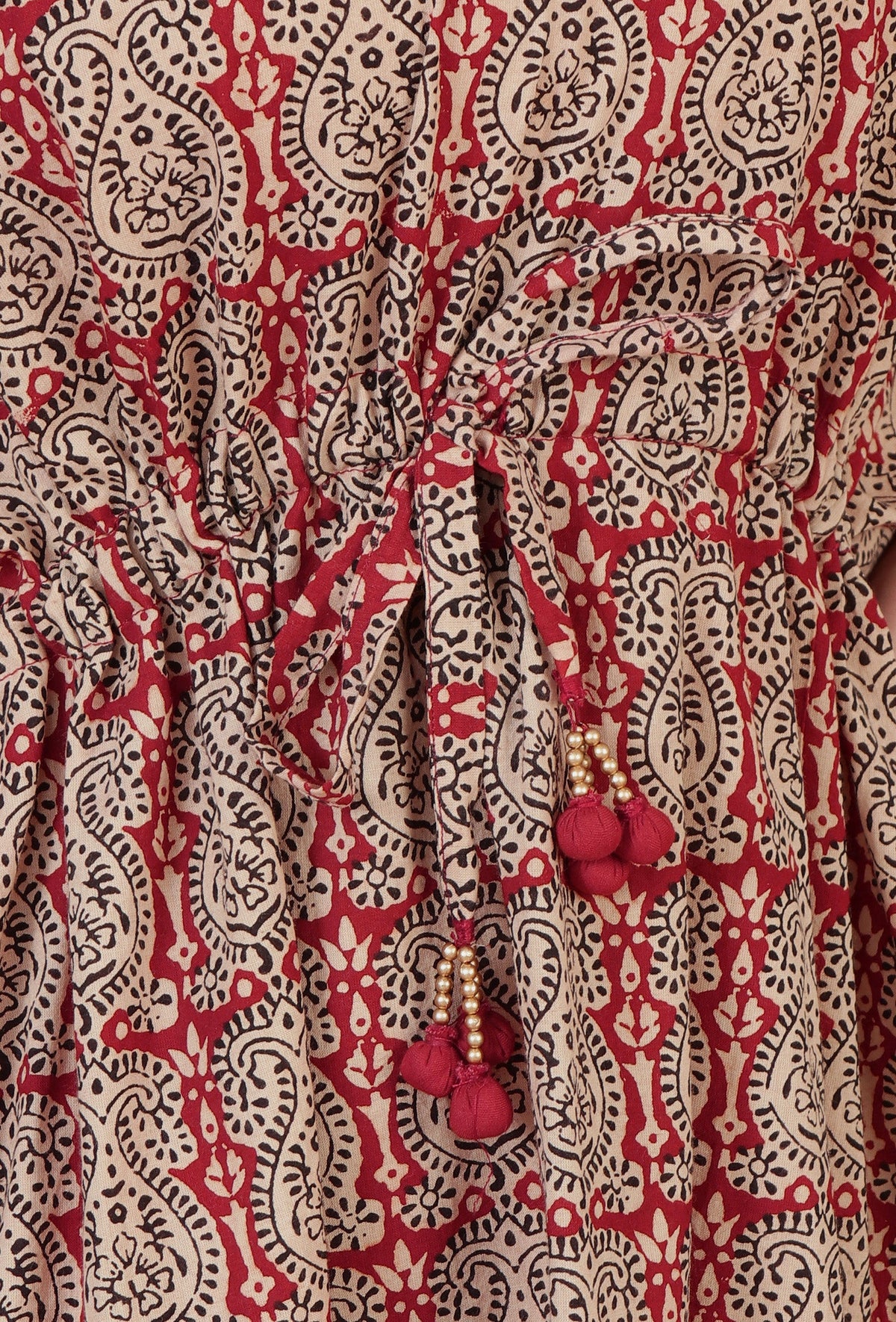 Beige & Red Baagh Block Print Cotton Kaftan Kurta サイズ XXXL