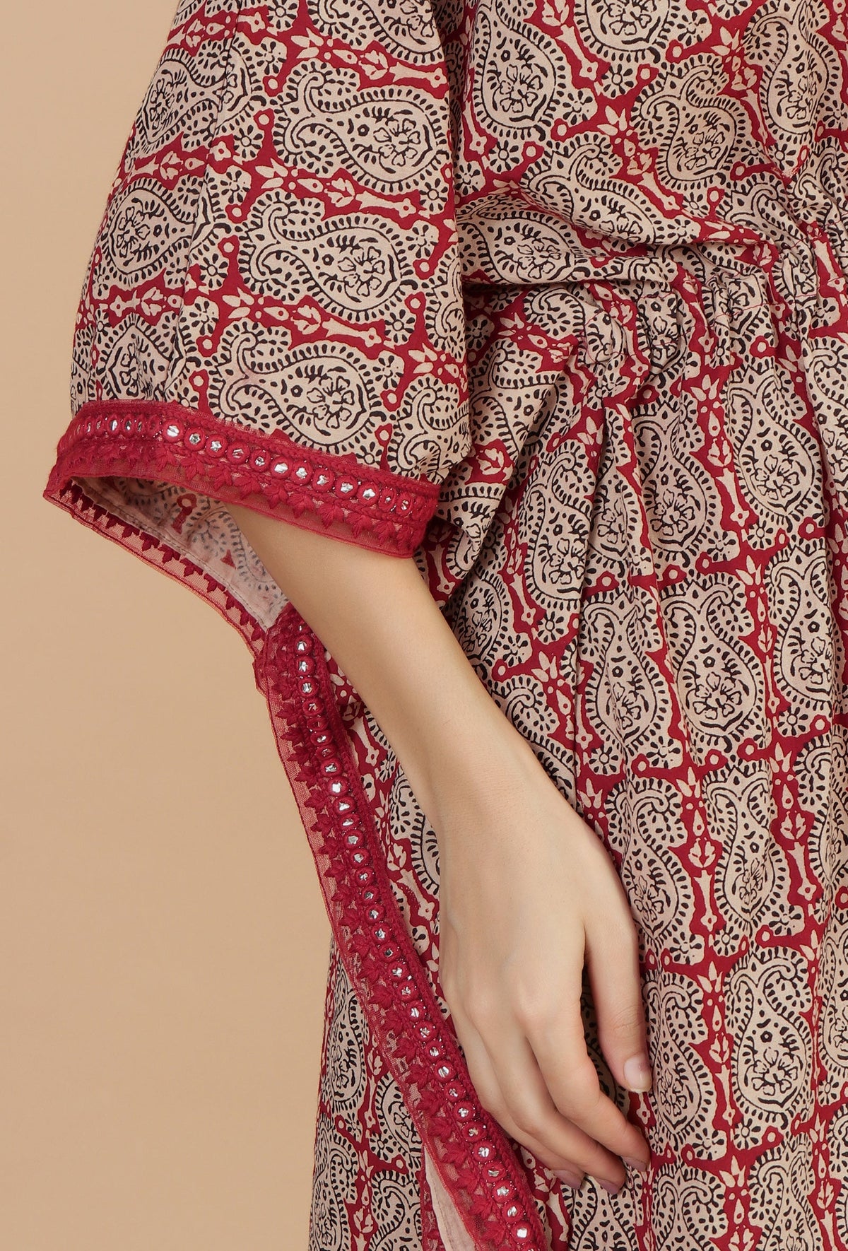 Beige & Red Baagh Block Print Cotton Kaftan Kurta サイズ XXXL