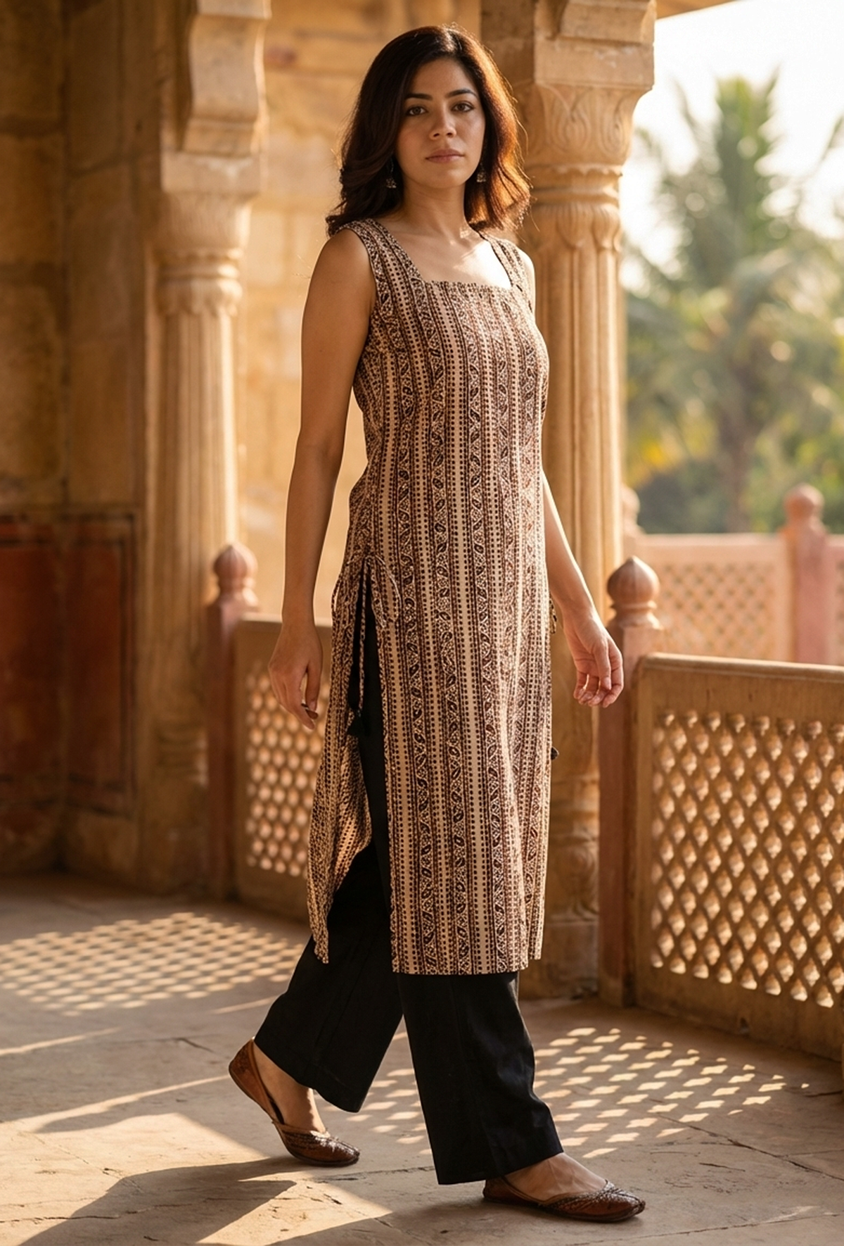 Set of 2: Baagh Printed Straight Kurta & Solid Black Cotton Pants クルタ XL・パンツ XXL