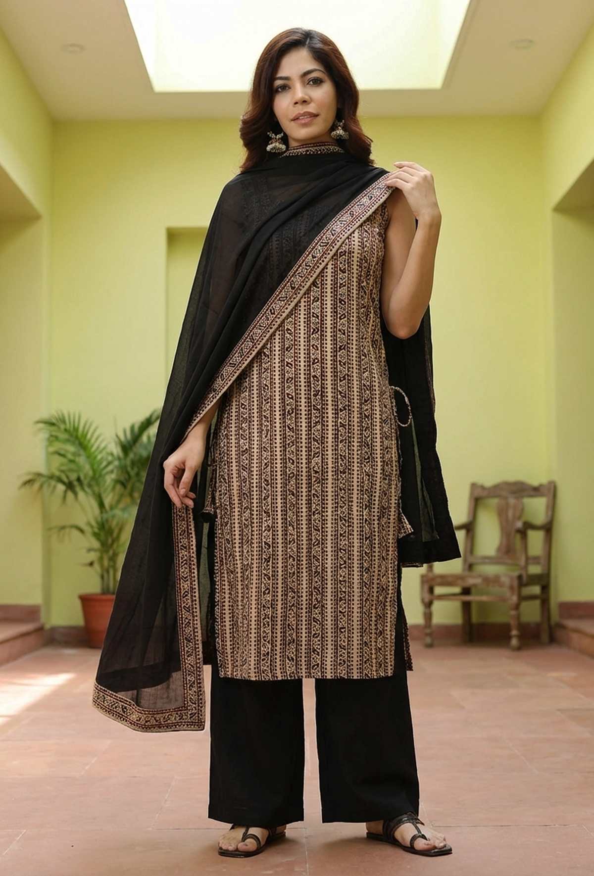 Black Cotton Dupatta with Handcrafted Baagh Block Print Border