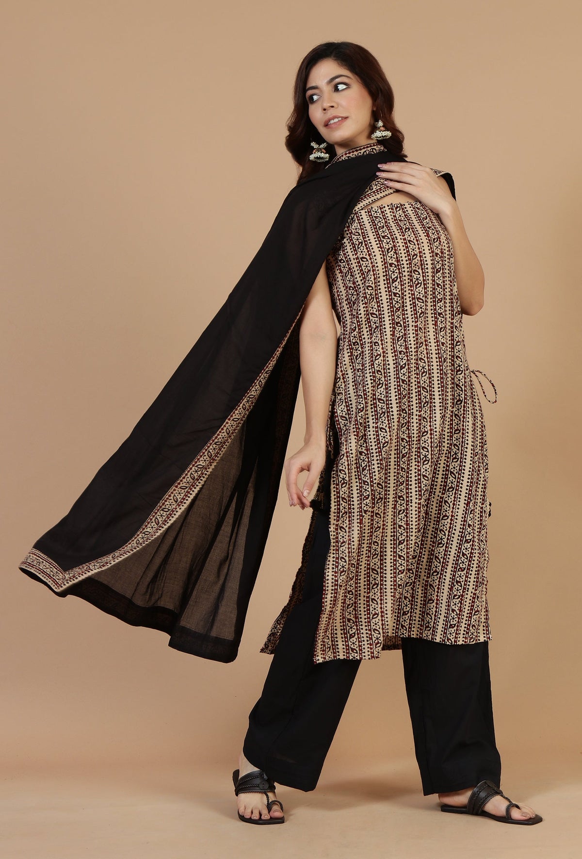 Black Cotton Dupatta with Handcrafted Baagh Block Print Border