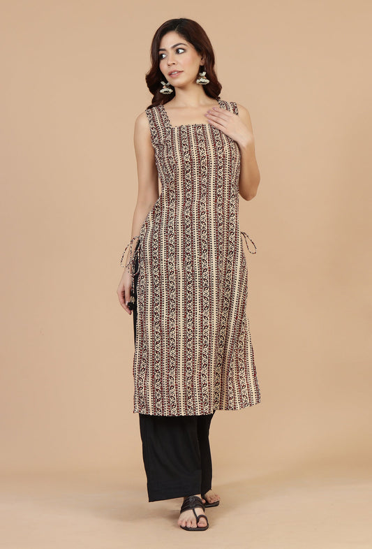 Baagh Printed Straight Cotton Kurta with Side Tie-Ups - Black & Beige サイズ S