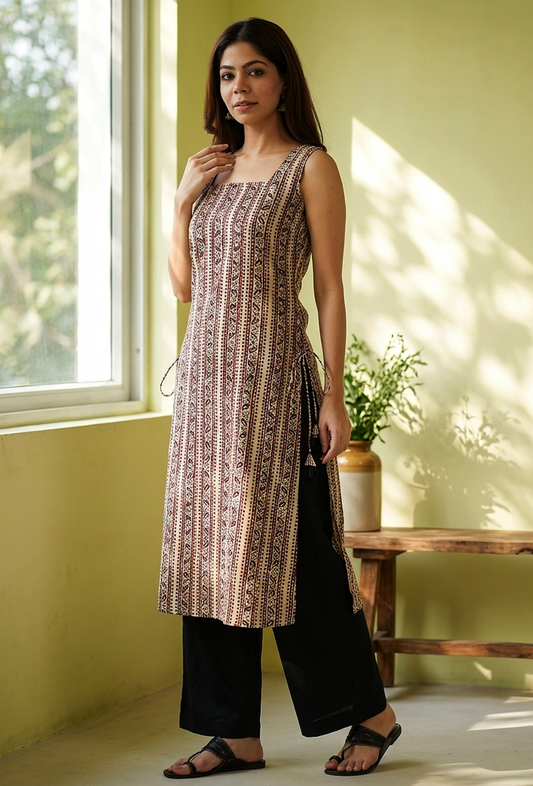 Baagh Printed Straight Cotton Kurta with Side Tie-Ups - Black & Beige サイズ S