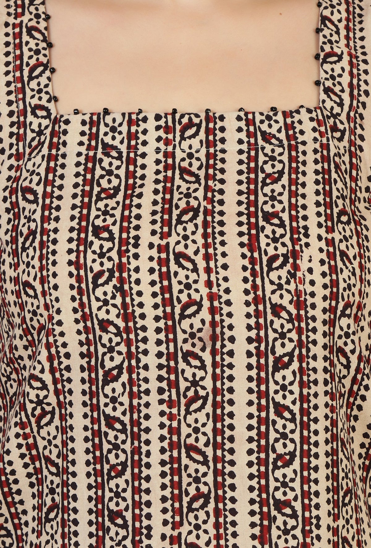 Baagh Printed Straight Cotton Kurta with Side Tie-Ups - Black & Beige サイズ S