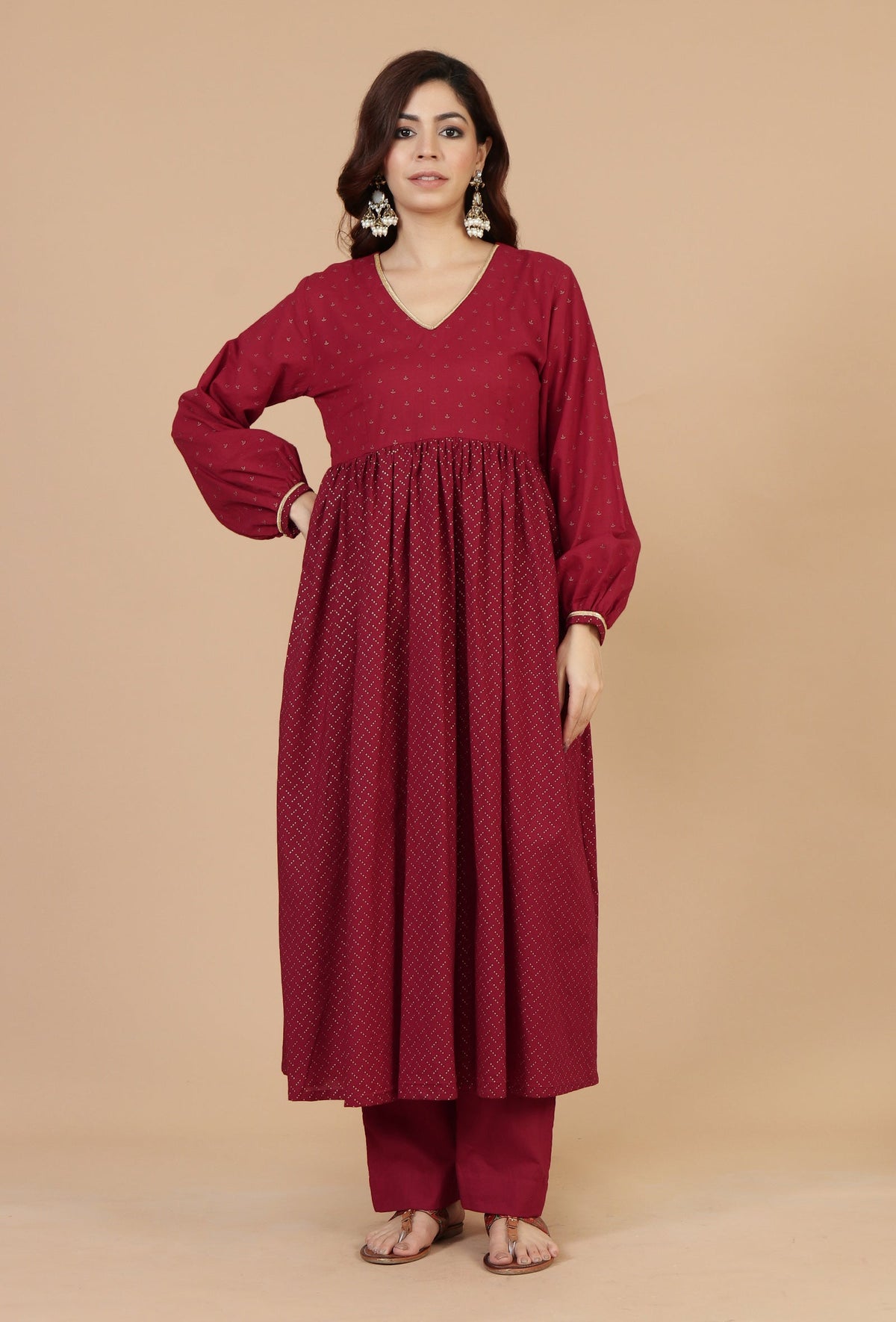 Set of 2: Maroon Printed Empire Kurta & Solid Cotton Pants クルタ L・パンツ XXL