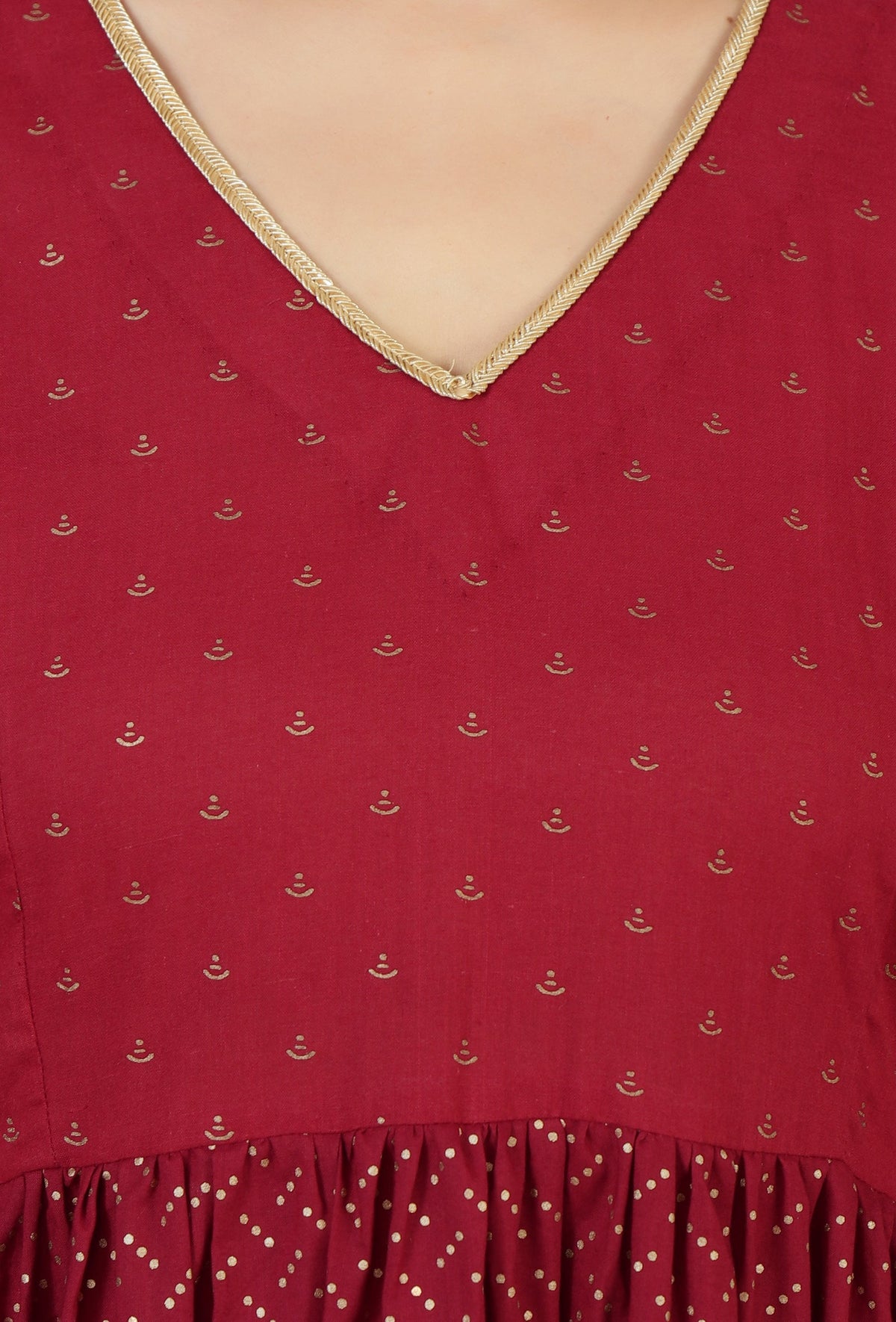 Set of 2: Maroon Printed Empire Kurta & Solid Cotton Pants クルタ XXXL・パンツ S