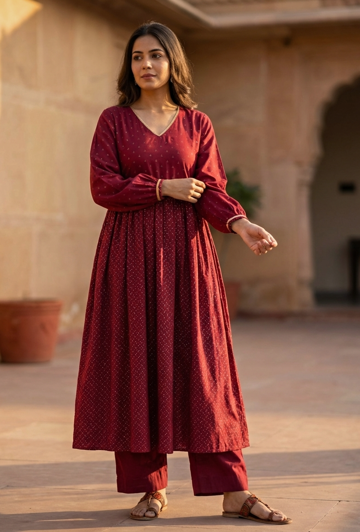 Maroon Handblock Printed Empire Kurta with Gota Detailing サイズ XXL