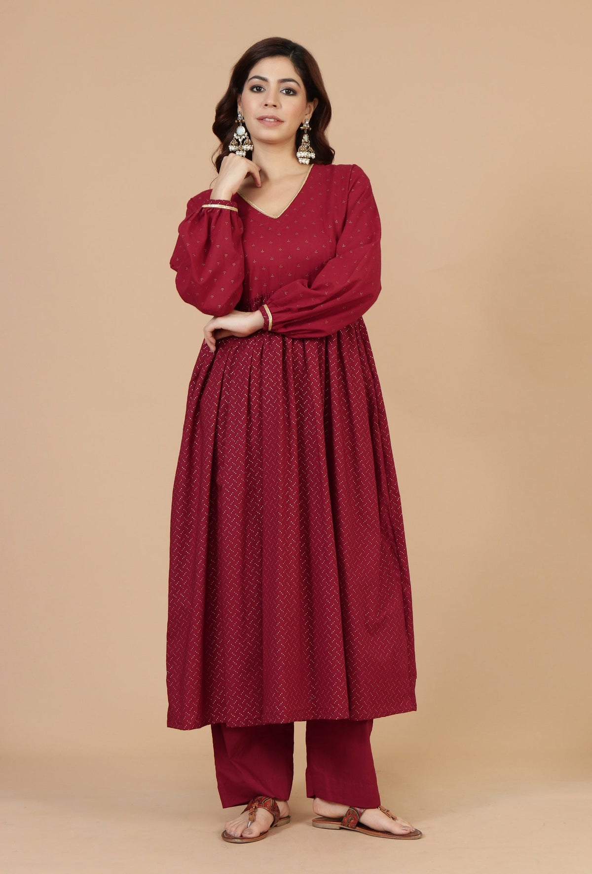 Maroon Handblock Printed Empire Kurta with Gota Detailing サイズ XXXL