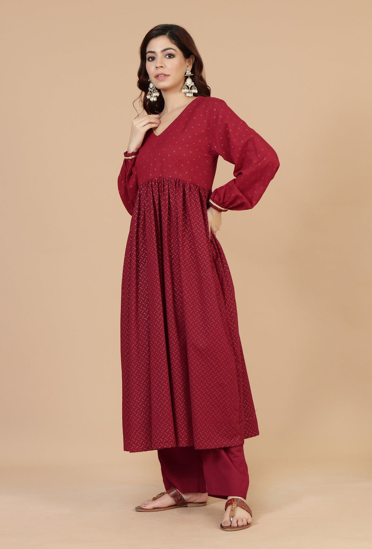 Maroon Handblock Printed Empire Kurta with Gota Detailing サイズ M