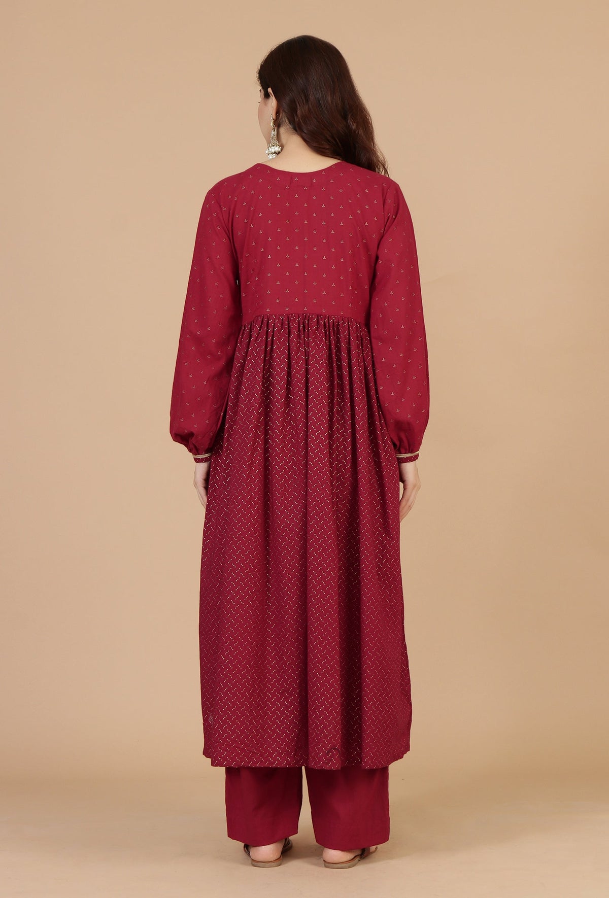 Maroon Handblock Printed Empire Kurta with Gota Detailing サイズ XS