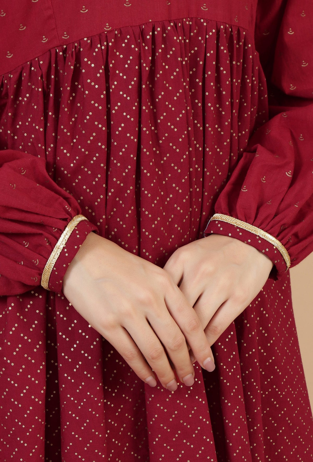 Maroon Handblock Printed Empire Kurta with Gota Detailing サイズ M