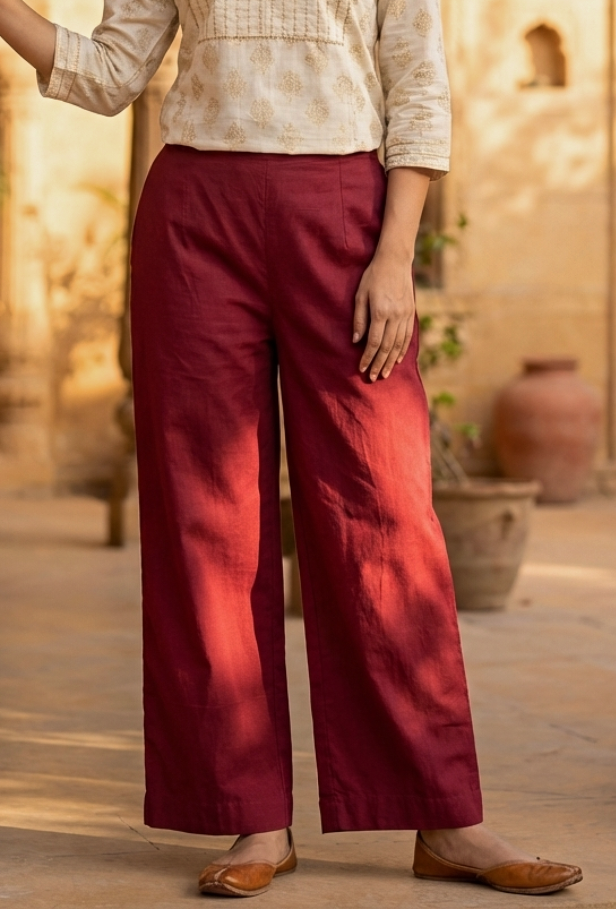 Maroon Straight Cotton Pants サイズ M