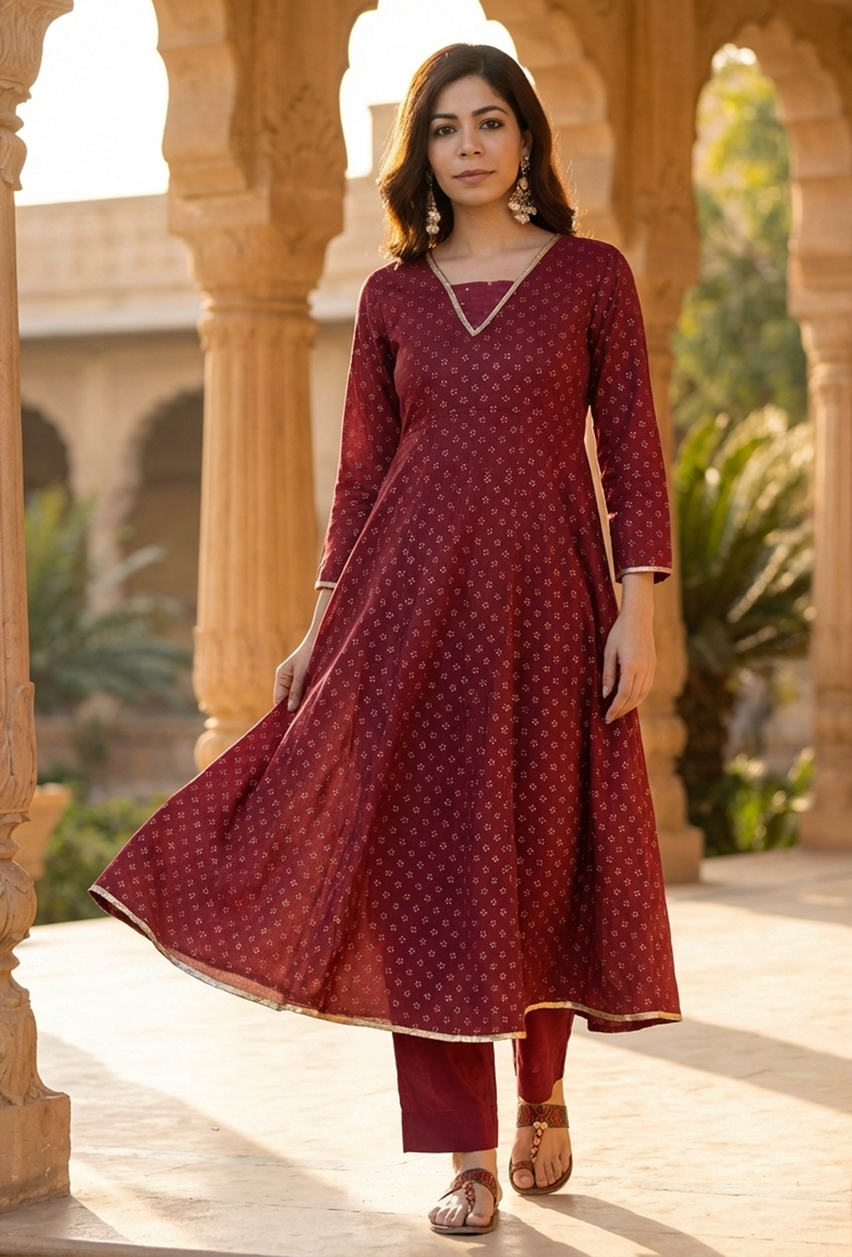 Set of 2: Maroon Floral Printed Flared Kurta with Gota Lace & Solid Cotton Pants クルタ XXXL・パンツ M