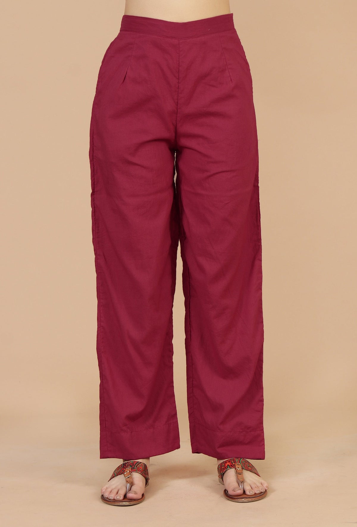 Set of 2: Maroon Floral Printed Flared Kurta with Gota Lace & Solid Cotton Pants クルタ XS・パンツ XXL