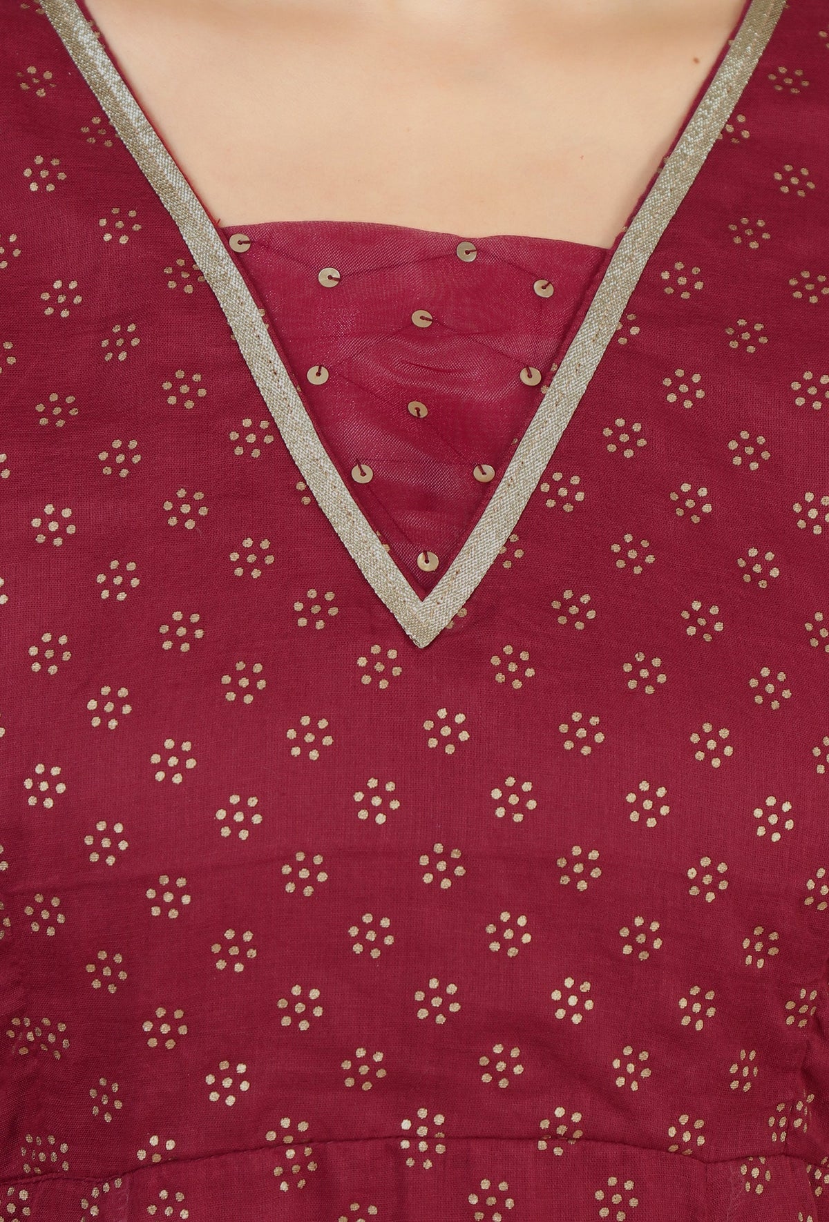 Set of 2: Maroon Floral Printed Flared Kurta with Gota Lace & Solid Cotton Pants クルタ XXXL・パンツ XXL