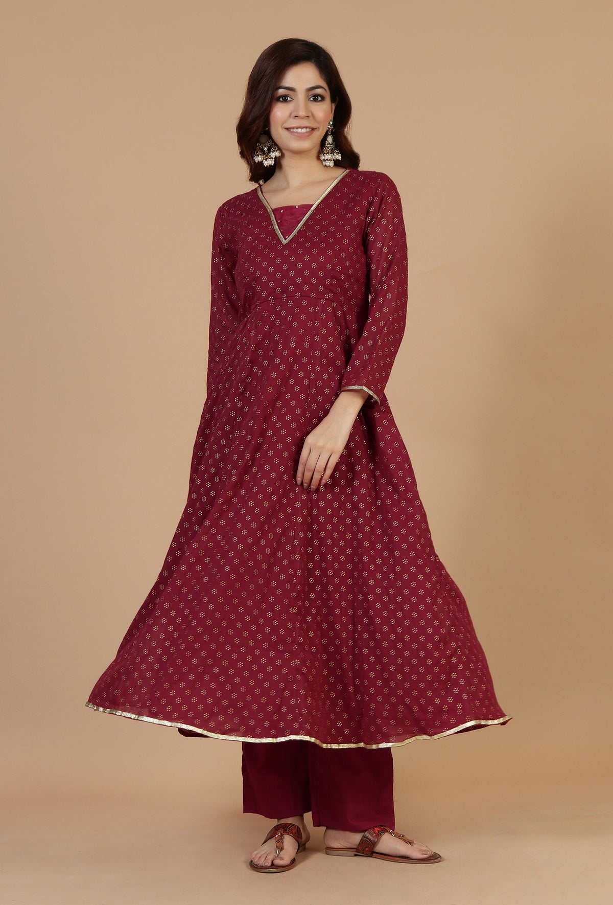 Maroon Floral Printed Flared Kurta with Gota Lace サイズ M