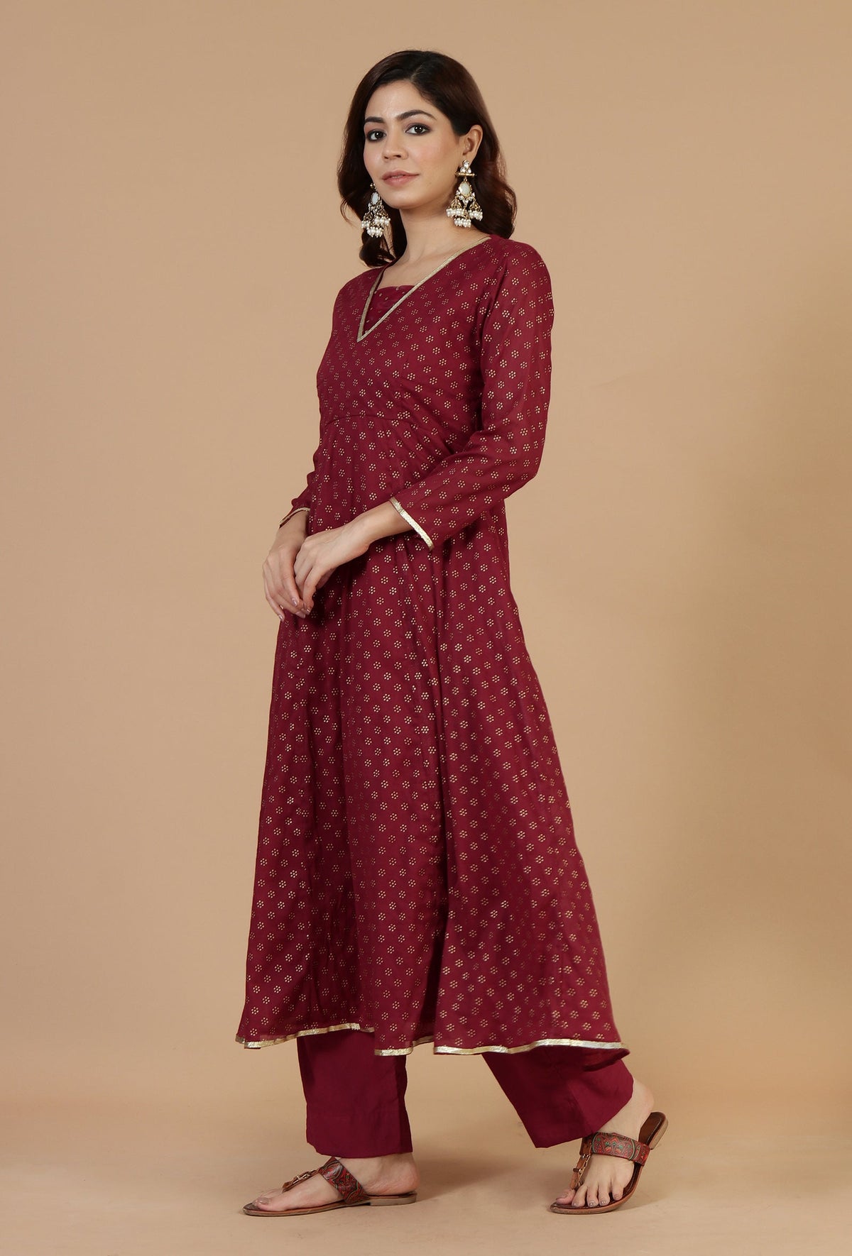 Maroon Floral Printed Flared Kurta with Gota Lace サイズ XXXL