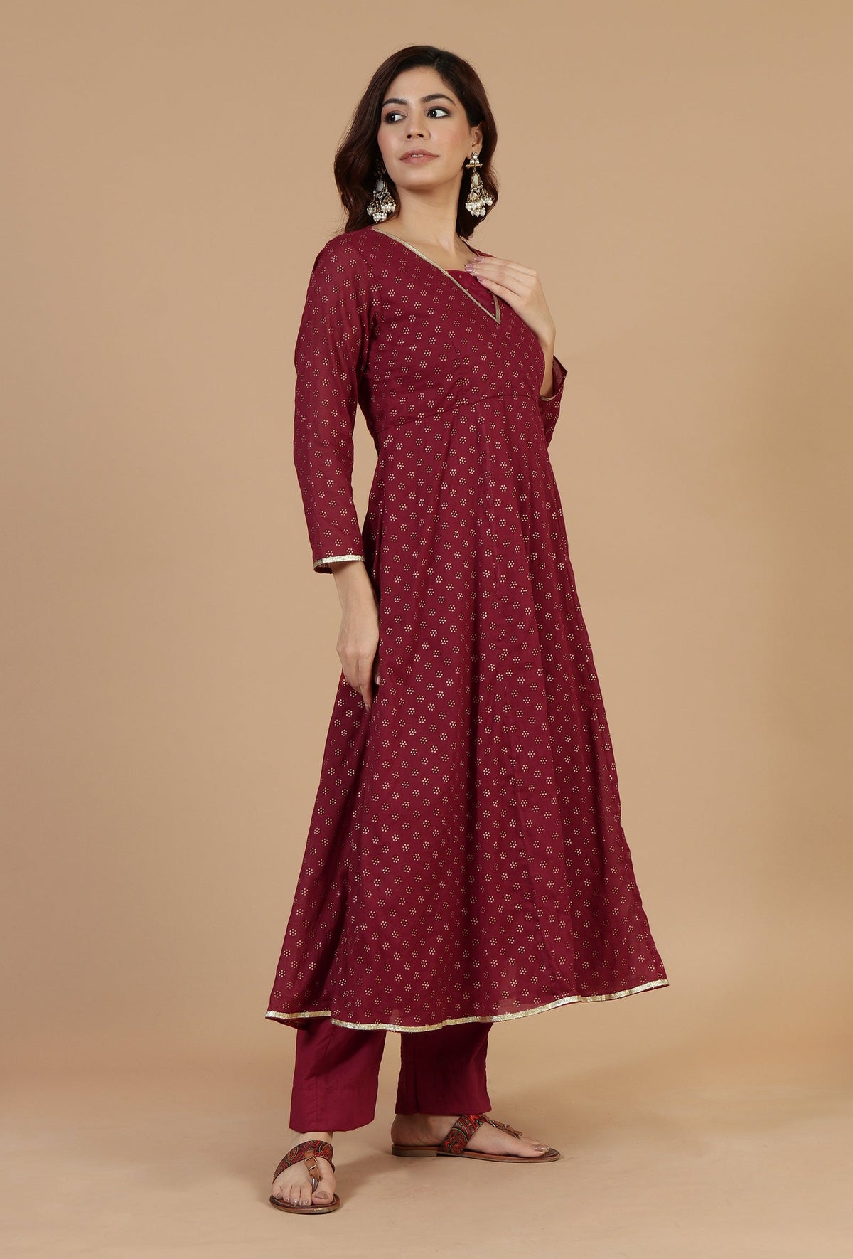 Maroon Floral Printed Flared Kurta with Gota Lace サイズ S