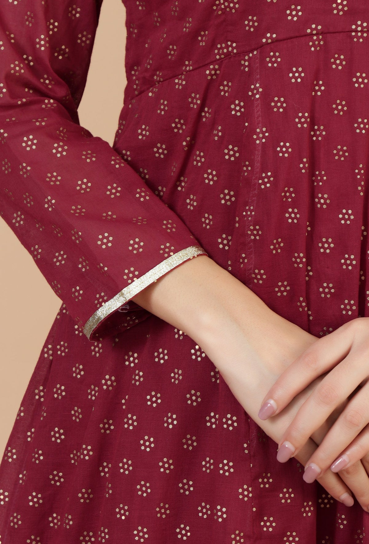 Maroon Floral Printed Flared Kurta with Gota Lace サイズ XXXL