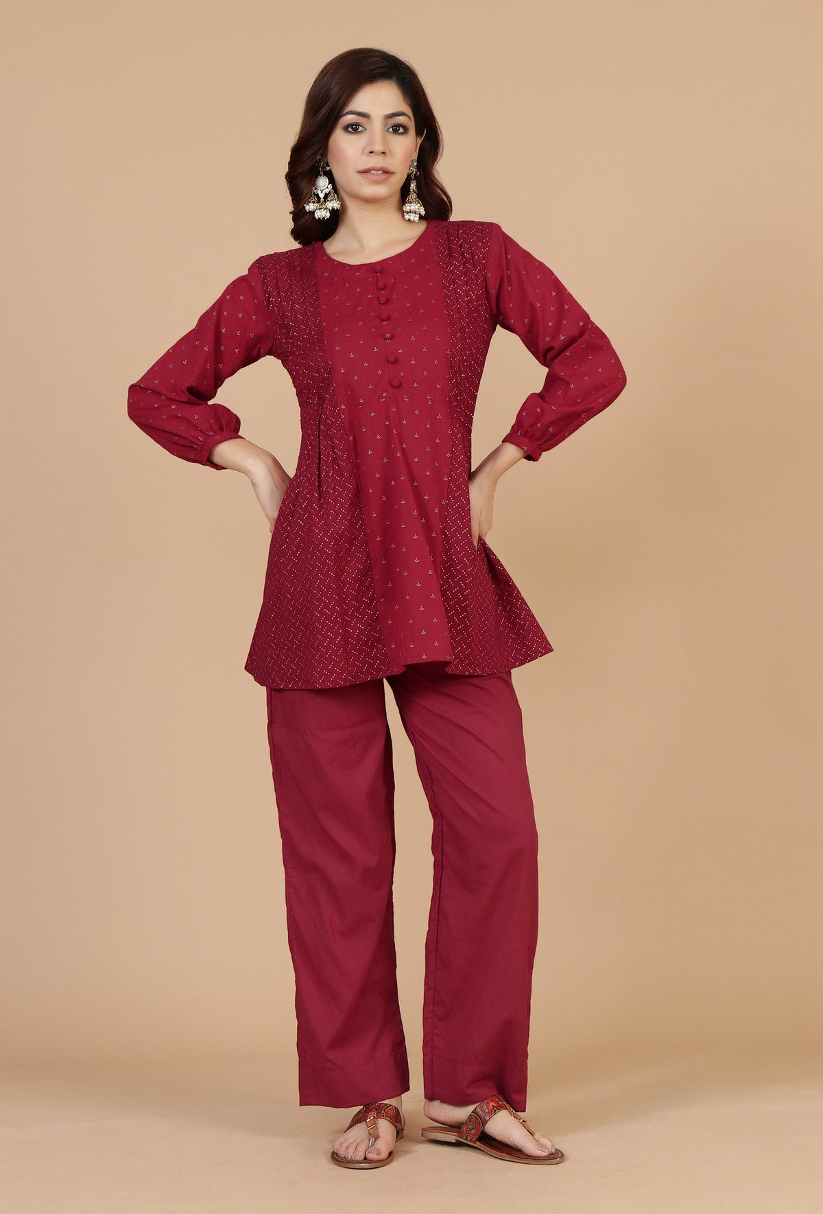 Set of 2: Maroon Gathered Peplum Top & Straight Cotton Pants トップス XXL・パンツ L