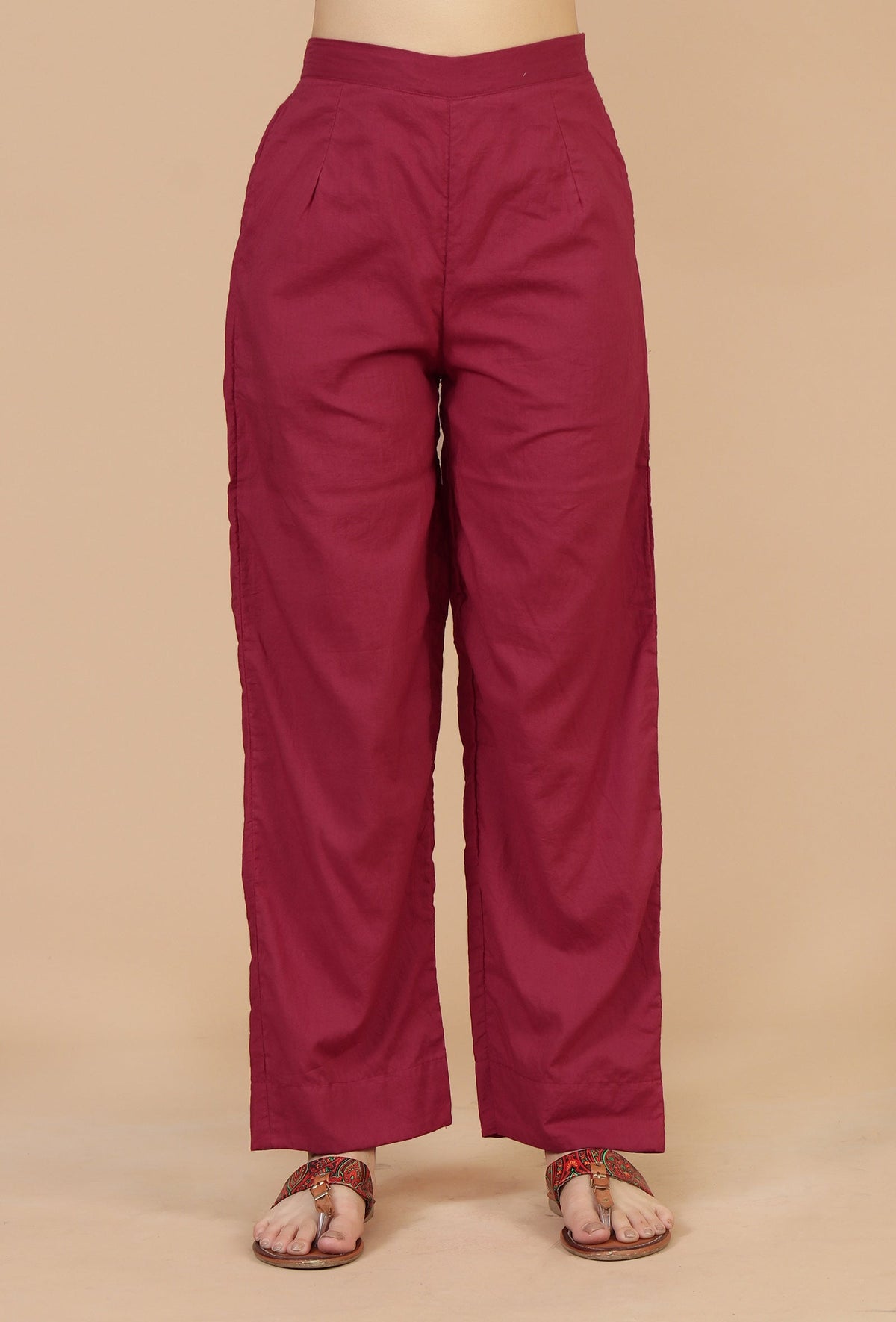 Set of 2: Maroon Gathered Peplum Top & Straight Cotton Pants トップス L・パンツ L