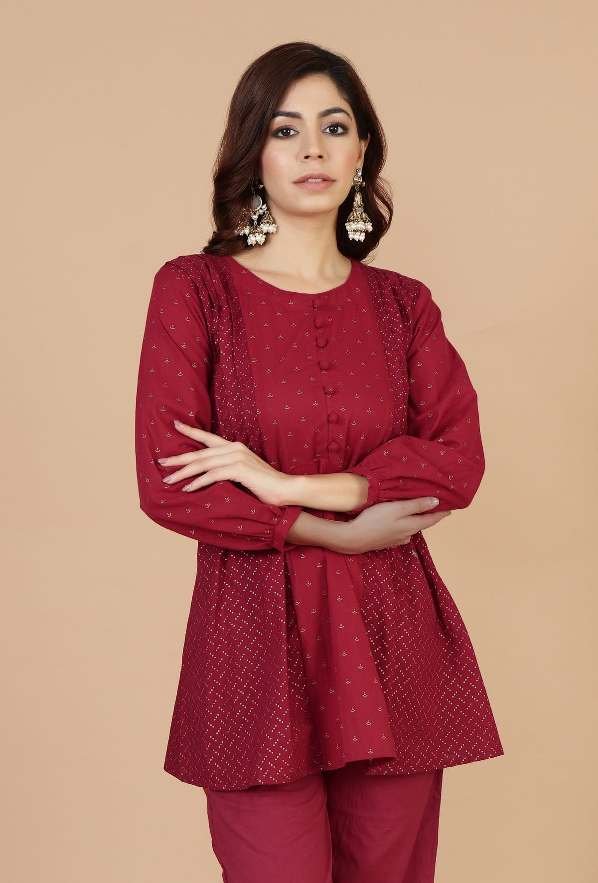 Maroon Cotton Printed Gathered Peplum Top with Side Tie-Ups サイズ XS
