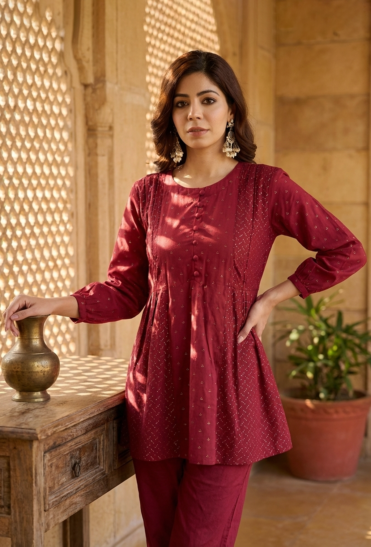 Maroon Cotton Printed Gathered Peplum Top with Side Tie-Ups サイズ XXL