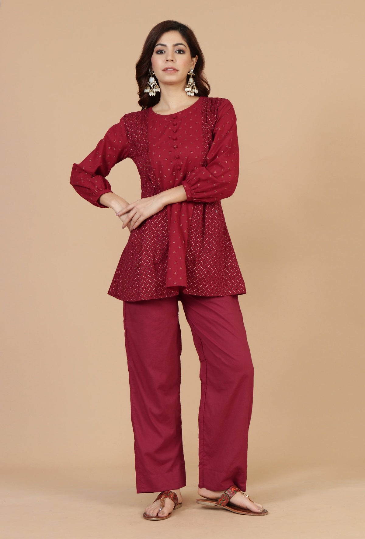 Maroon Cotton Printed Gathered Peplum Top with Side Tie-Ups サイズ M
