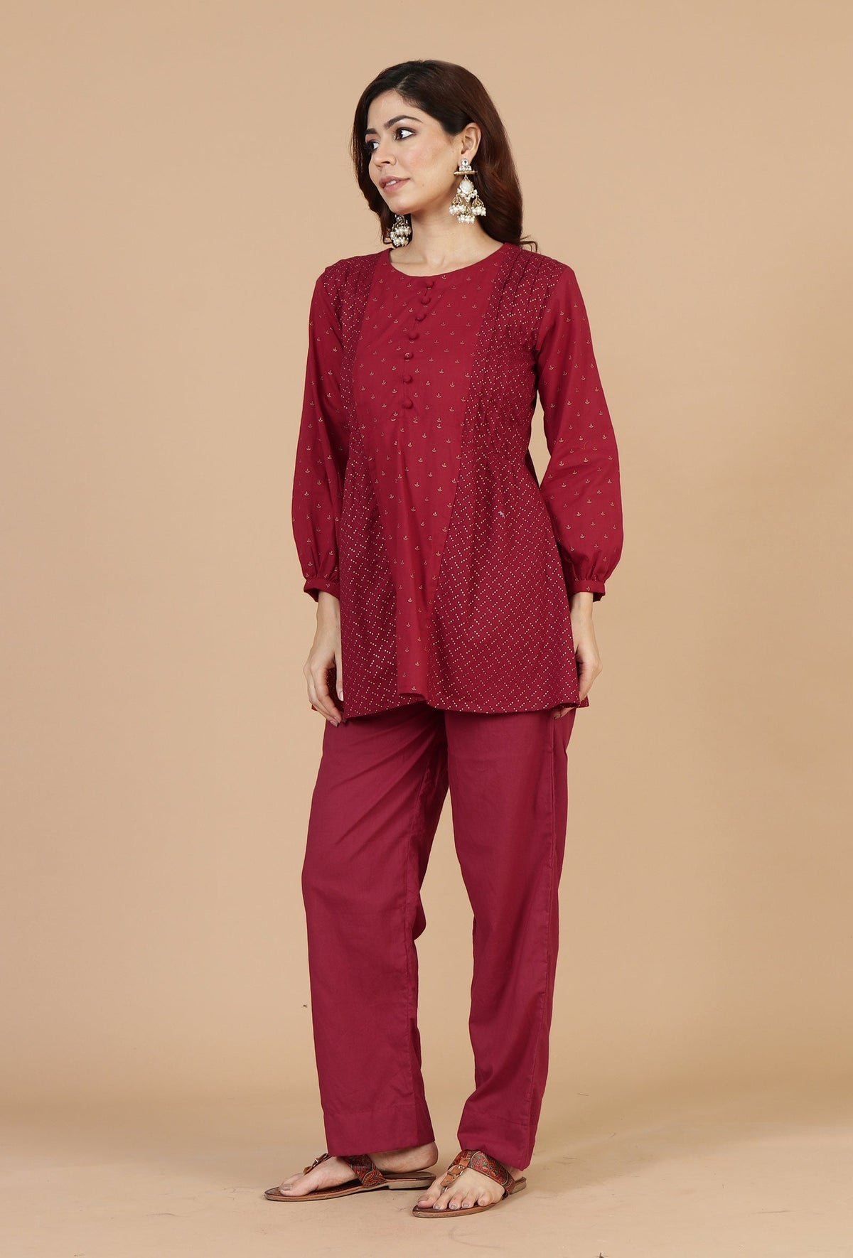 Maroon Cotton Printed Gathered Peplum Top with Side Tie-Ups サイズ XS
