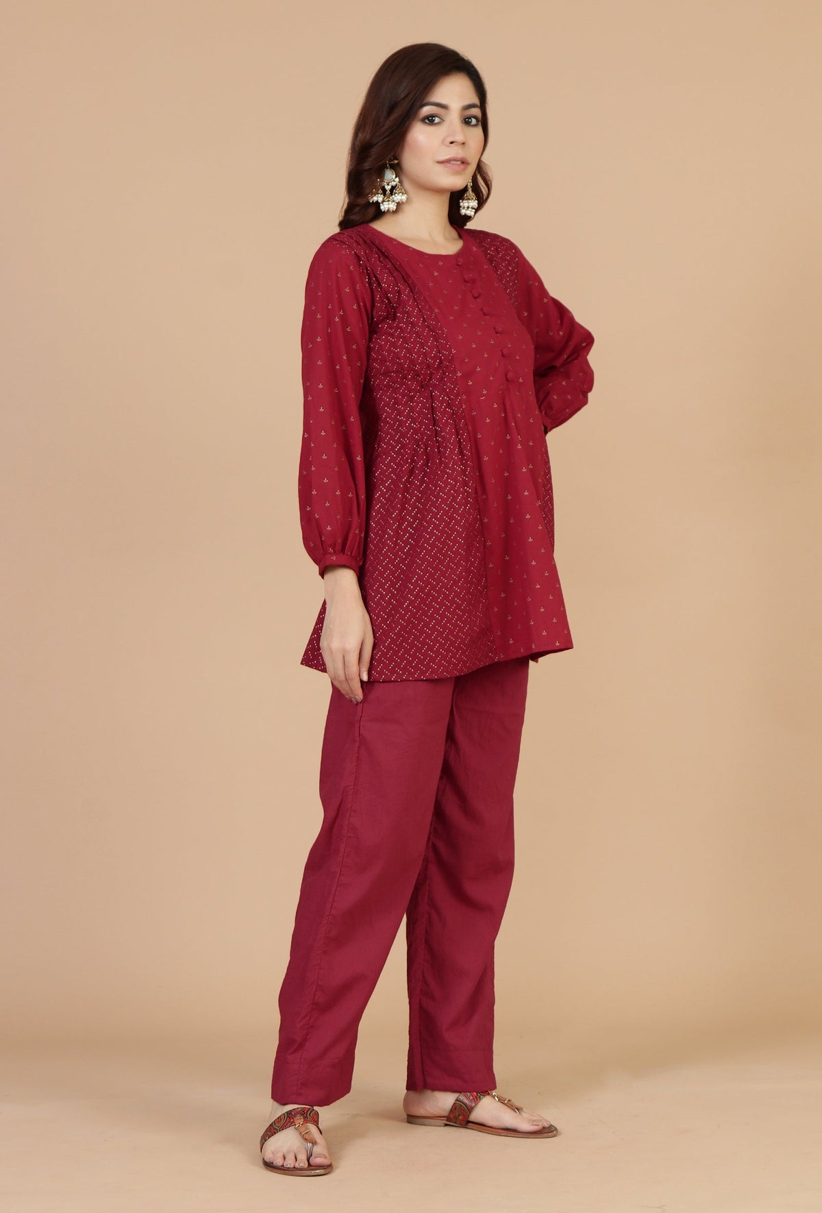 Maroon Cotton Printed Gathered Peplum Top with Side Tie-Ups サイズ M