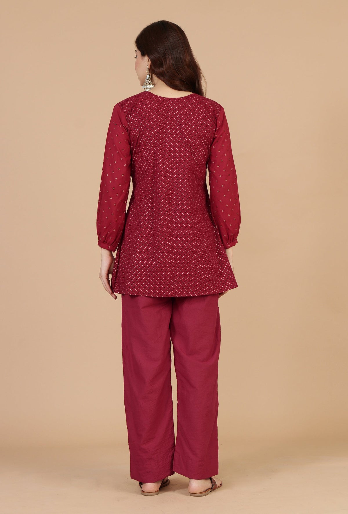 Maroon Cotton Printed Gathered Peplum Top with Side Tie-Ups サイズ XL