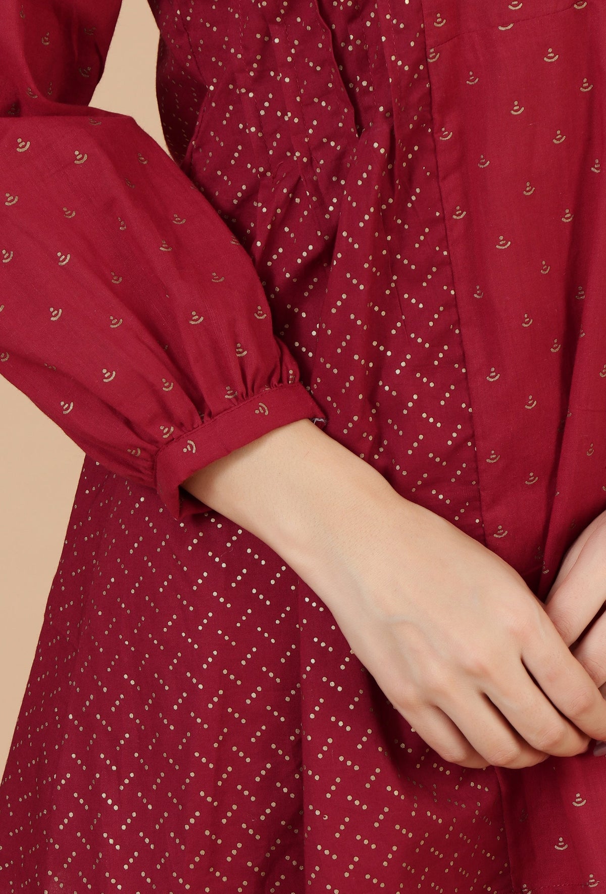 Maroon Cotton Printed Gathered Peplum Top with Side Tie-Ups サイズ XS