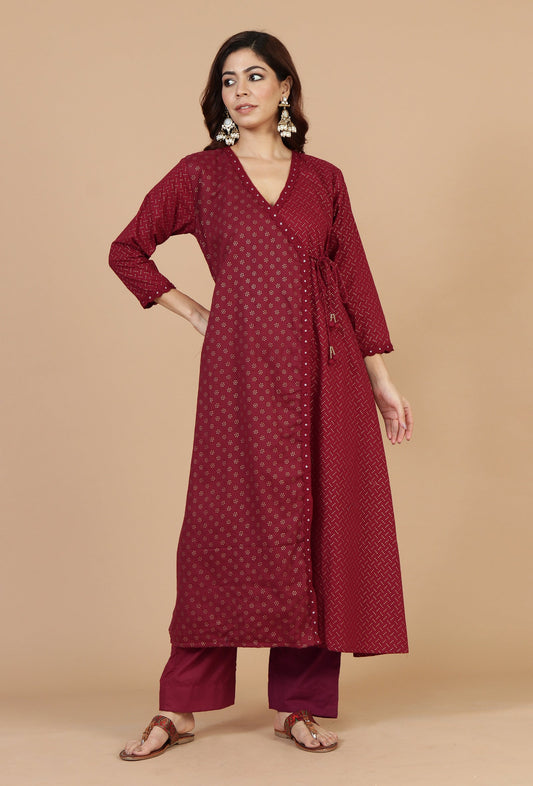 Set of 2: Maroon Hand Block Angrakha Kurta with Tassel Tie & Solid Cotton Pants クルタ M・パンツ M