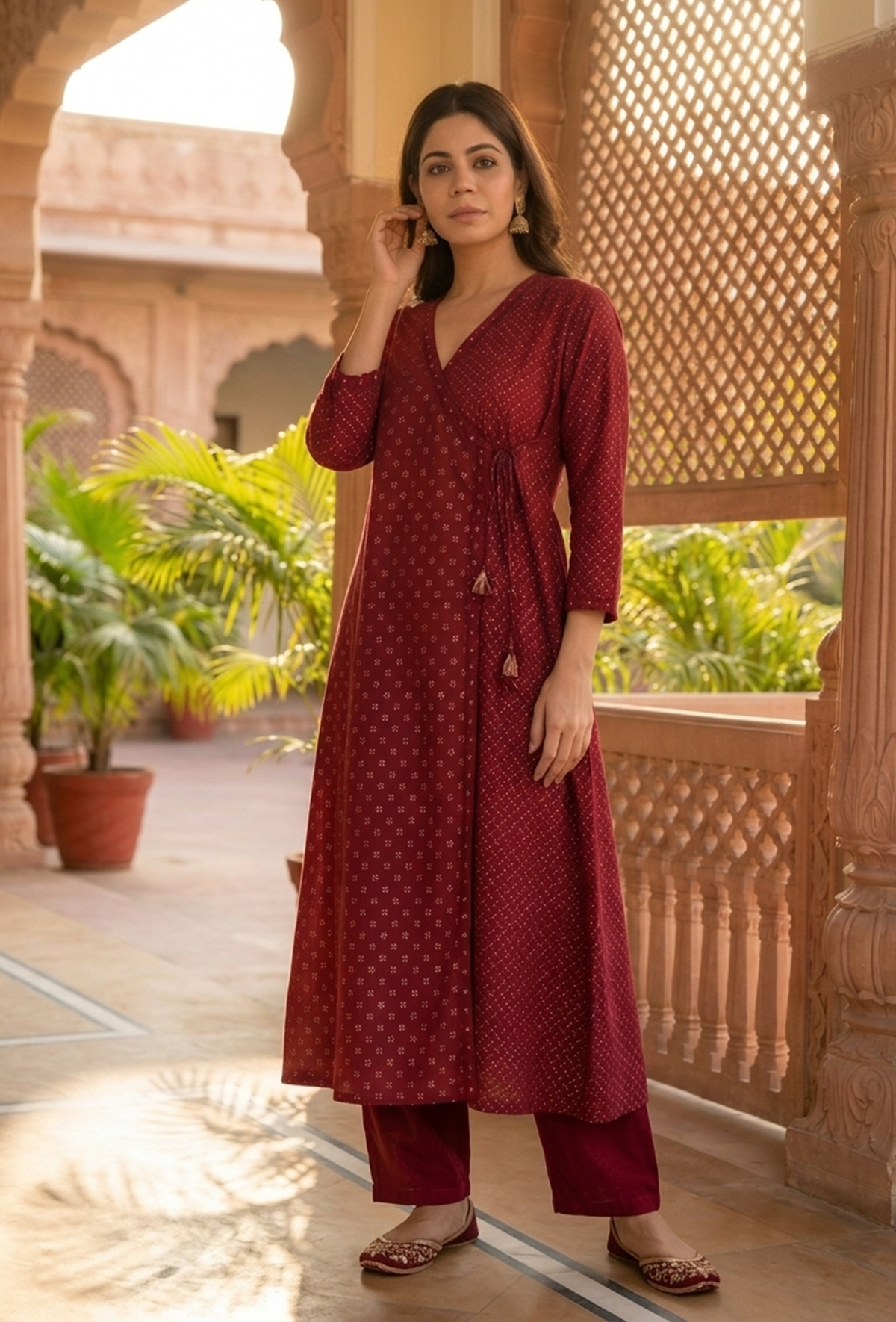 Maroon Hand Block Printed Angrakha Kurta with Tassel Details サイズ XXXL