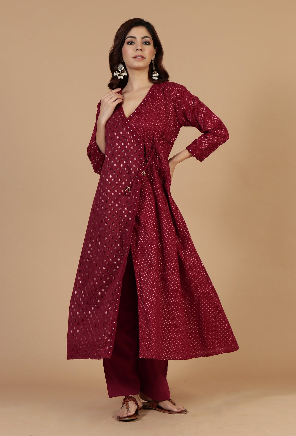 Maroon Hand Block Printed Angrakha Kurta with Tassel Details サイズ M