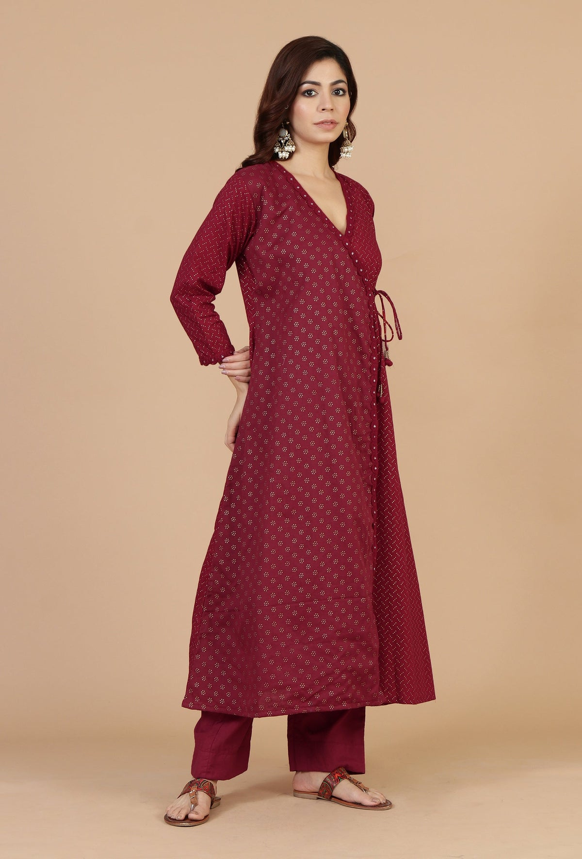 Maroon Hand Block Printed Angrakha Kurta with Tassel Details サイズ M