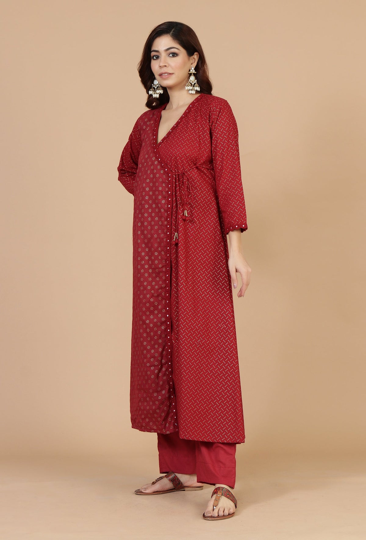 Maroon Hand Block Printed Angrakha Kurta with Tassel Details サイズ XXXL