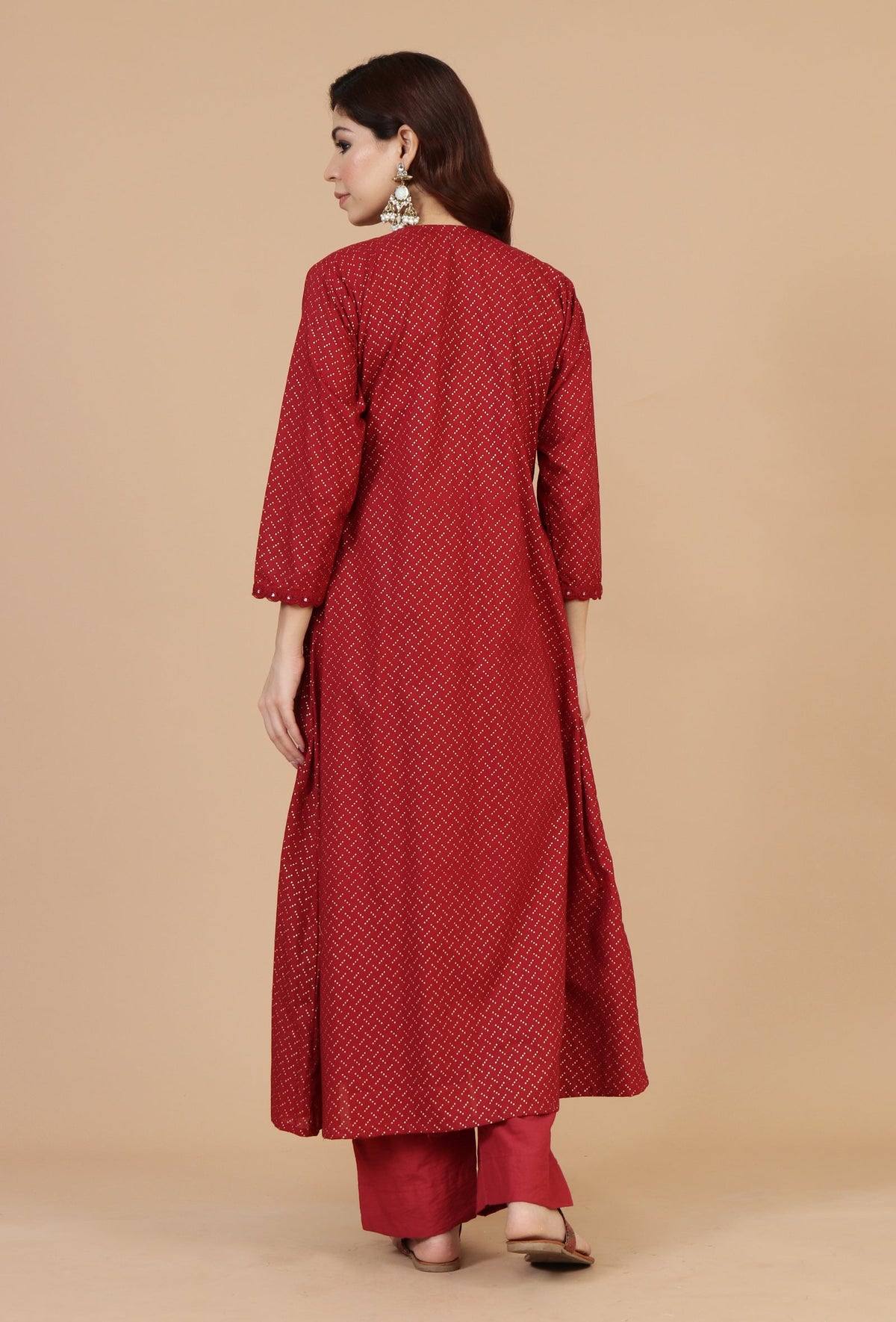 Maroon Hand Block Printed Angrakha Kurta with Tassel Details サイズ S