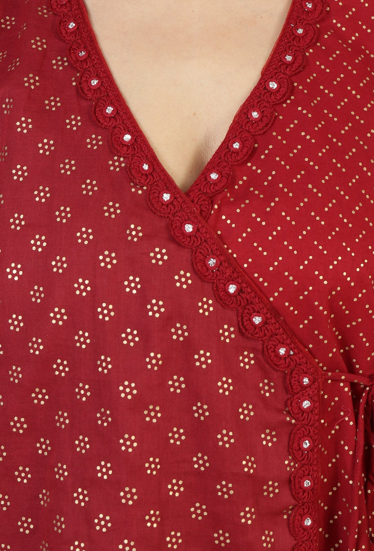 Maroon Hand Block Printed Angrakha Kurta with Tassel Details サイズ XL
