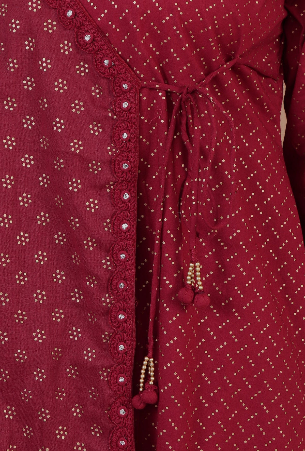 Maroon Hand Block Printed Angrakha Kurta with Tassel Details サイズ XL