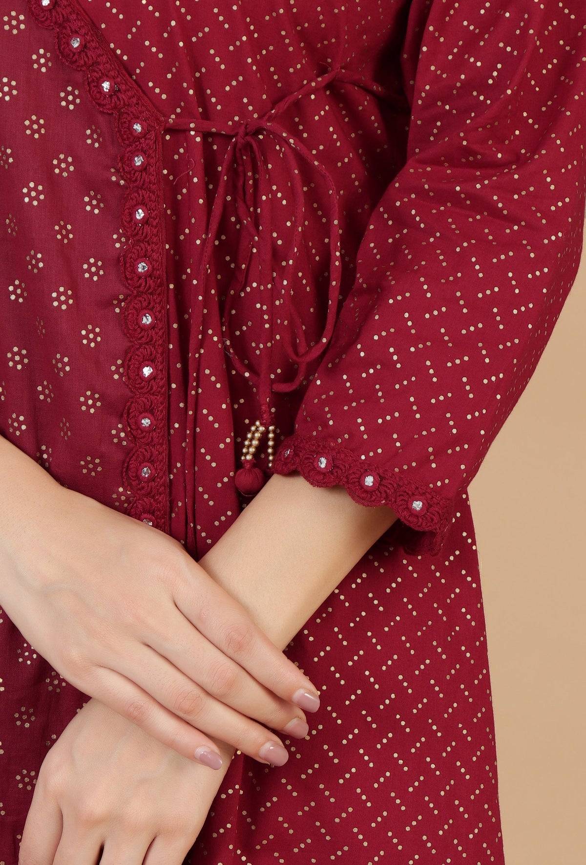 Maroon Hand Block Printed Angrakha Kurta with Tassel Details サイズ L