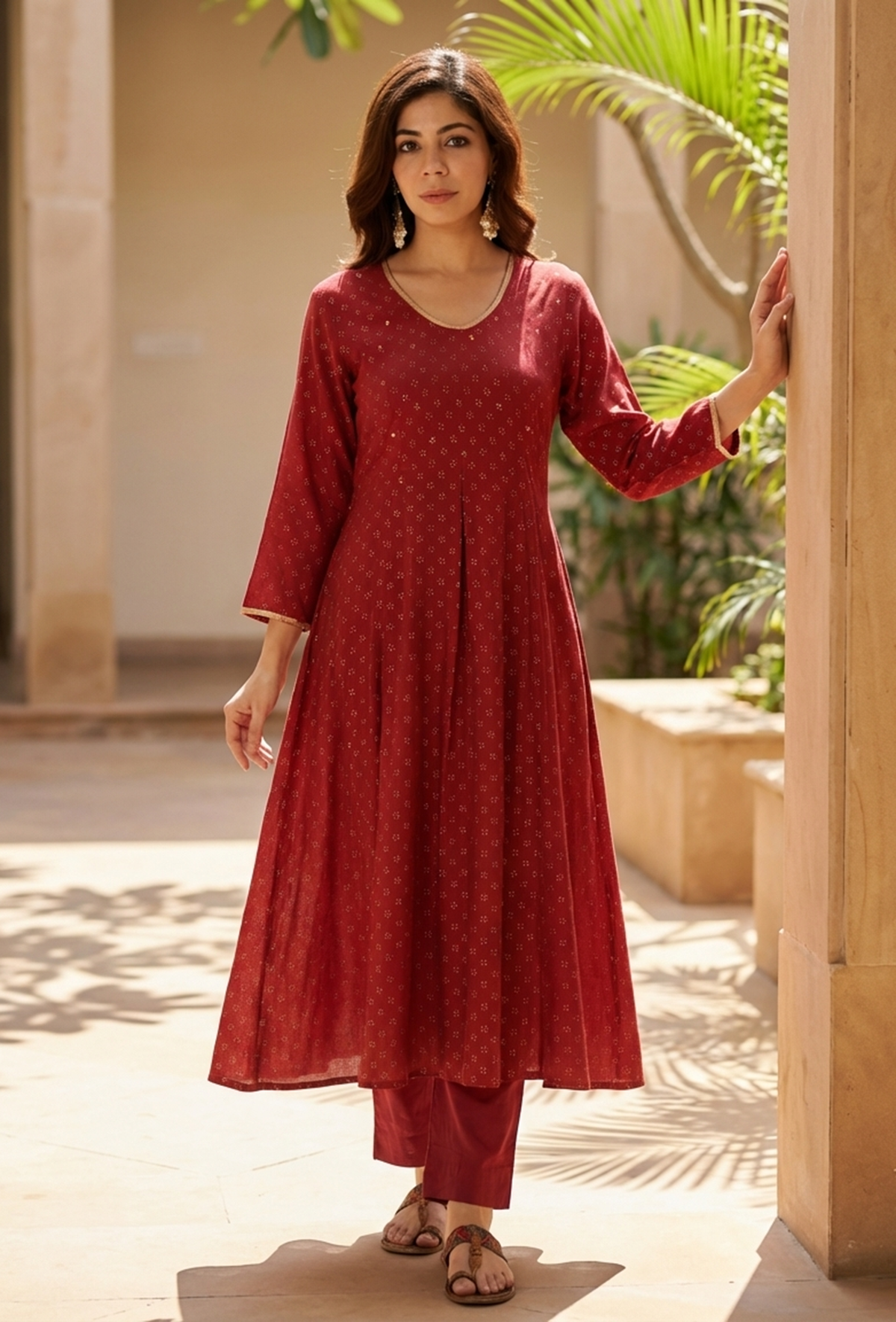 Set of 2: Maroon Rayon Hand Block Printed Flared Kurta & Solid Cotton Pants クルタ XL・パンツ XS