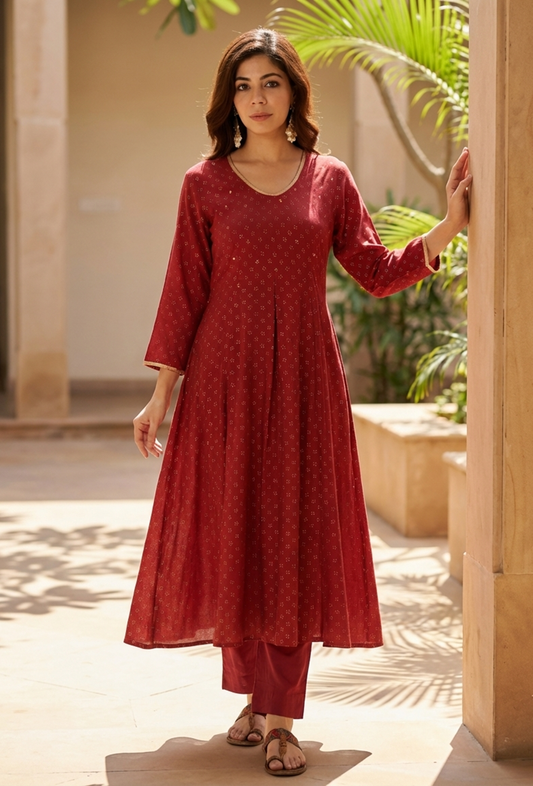 Set of 2: Maroon Rayon Hand Block Printed Flared Kurta & Solid Cotton Pants クルタ M・パンツ M