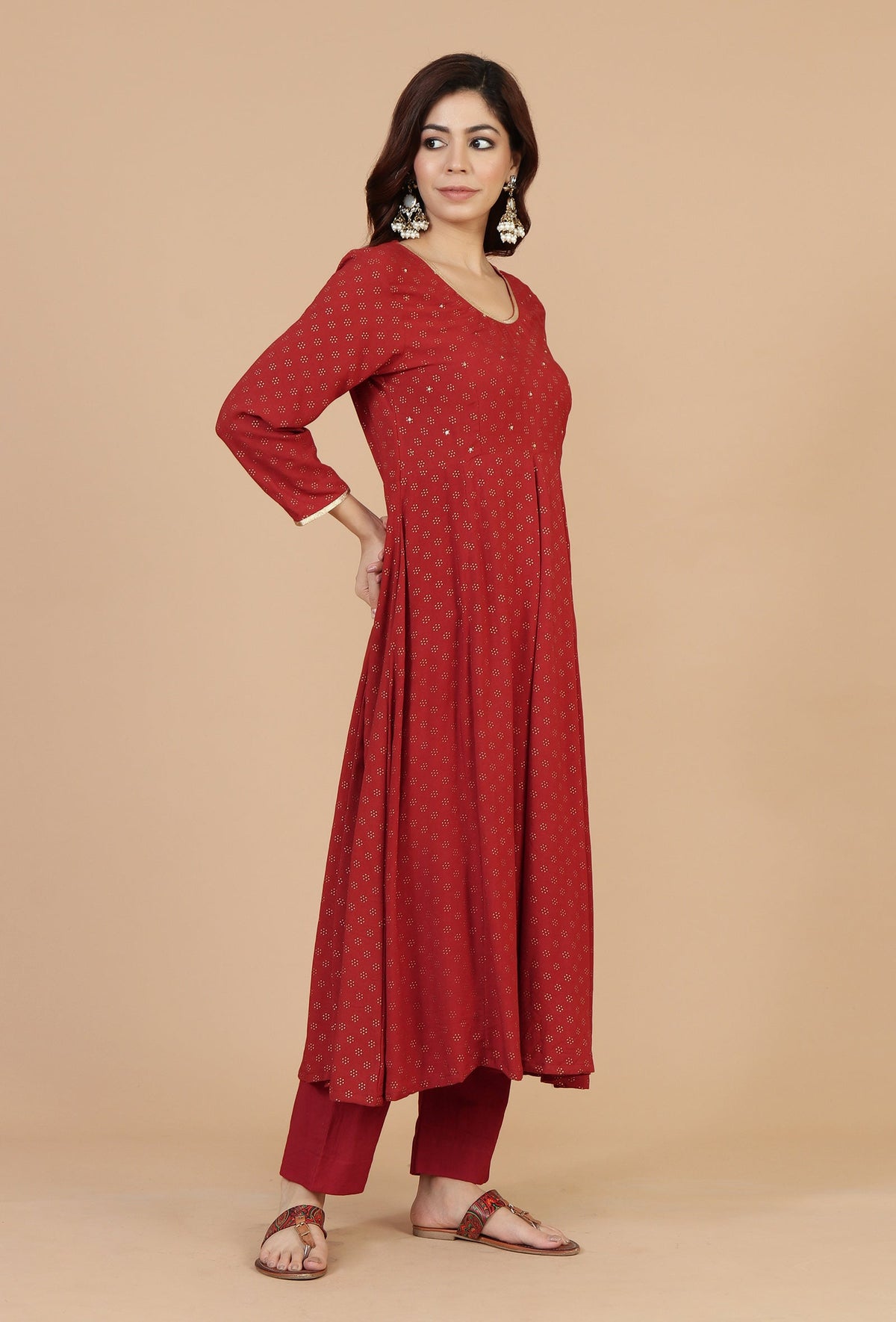 Set of 2: Maroon Rayon Hand Block Printed Flared Kurta & Solid Cotton Pants クルタ XXXL・パンツ L