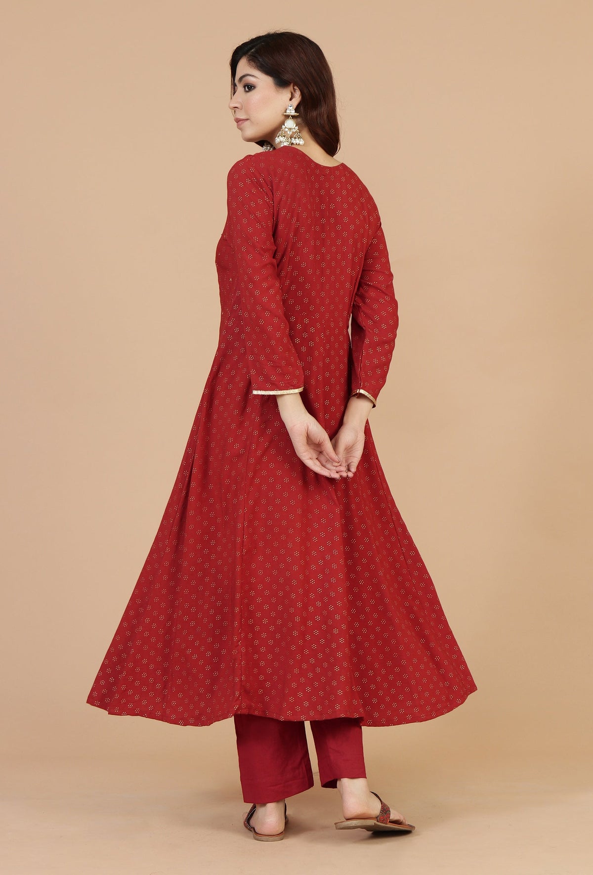 Set of 2: Maroon Rayon Hand Block Printed Flared Kurta & Solid Cotton Pants クルタ M・パンツ M