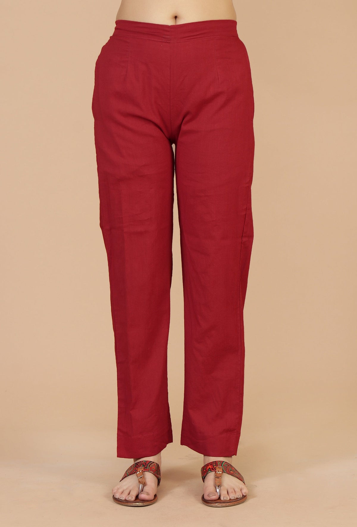 Set of 2: Maroon Rayon Hand Block Printed Flared Kurta & Solid Cotton Pants クルタ M・パンツ M
