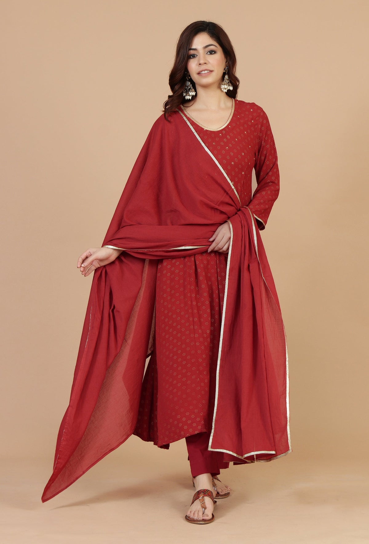 Maroon Cotton Dupatta with Gota Lace Detailing
