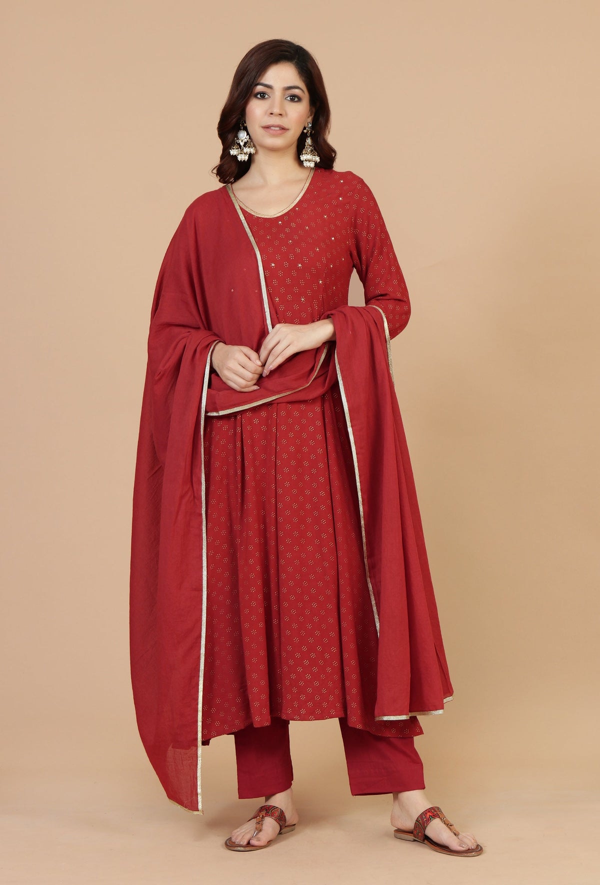 Maroon Cotton Dupatta with Gota Lace Detailing